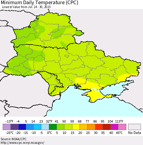 Ukraine, Moldova and Belarus Minimum Daily Temperature (CPC) Thematic Map For 7/24/2023 - 7/30/2023