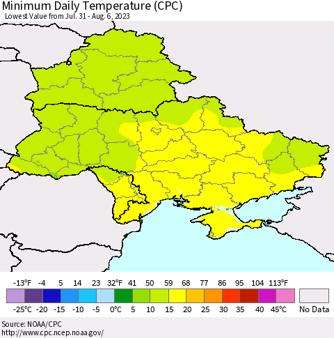 Ukraine, Moldova and Belarus Minimum Daily Temperature (CPC) Thematic Map For 7/31/2023 - 8/6/2023