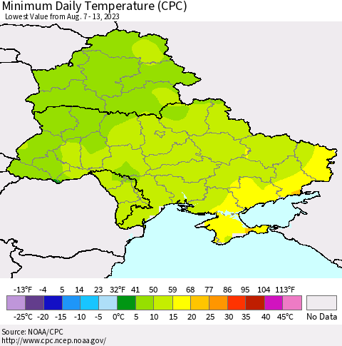 Ukraine, Moldova and Belarus Minimum Daily Temperature (CPC) Thematic Map For 8/7/2023 - 8/13/2023