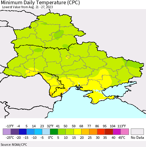 Ukraine, Moldova and Belarus Minimum Daily Temperature (CPC) Thematic Map For 8/21/2023 - 8/27/2023