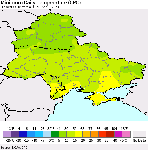 Ukraine, Moldova and Belarus Minimum Daily Temperature (CPC) Thematic Map For 8/28/2023 - 9/3/2023