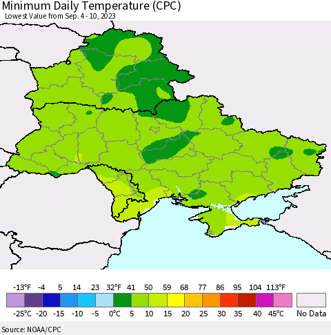 Ukraine, Moldova and Belarus Minimum Daily Temperature (CPC) Thematic Map For 9/4/2023 - 9/10/2023