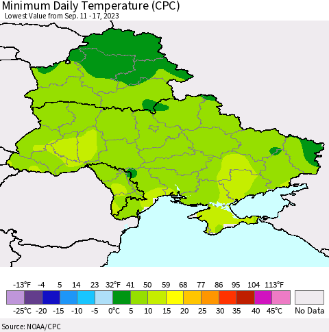 Ukraine, Moldova and Belarus Minimum Daily Temperature (CPC) Thematic Map For 9/11/2023 - 9/17/2023