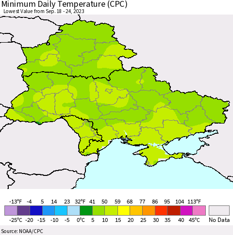 Ukraine, Moldova and Belarus Minimum Daily Temperature (CPC) Thematic Map For 9/18/2023 - 9/24/2023