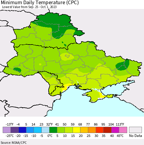 Ukraine, Moldova and Belarus Minimum Daily Temperature (CPC) Thematic Map For 9/25/2023 - 10/1/2023