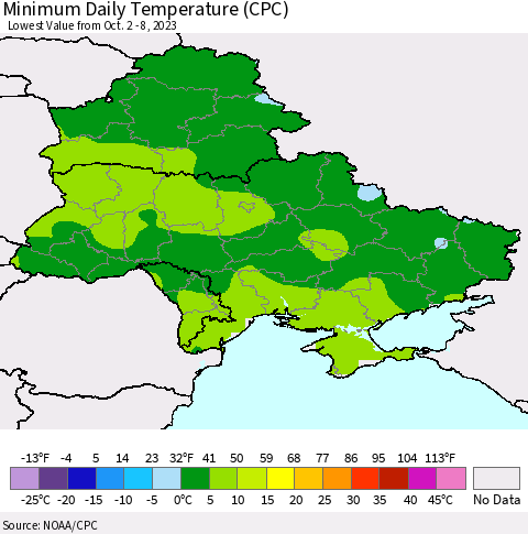 Ukraine, Moldova and Belarus Minimum Daily Temperature (CPC) Thematic Map For 10/2/2023 - 10/8/2023