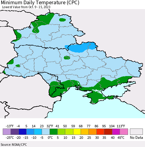 Ukraine, Moldova and Belarus Minimum Daily Temperature (CPC) Thematic Map For 10/9/2023 - 10/15/2023