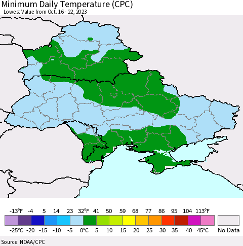 Ukraine, Moldova and Belarus Minimum Daily Temperature (CPC) Thematic Map For 10/16/2023 - 10/22/2023