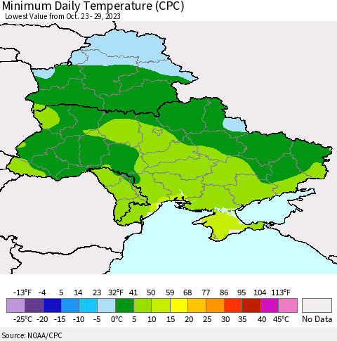 Ukraine, Moldova and Belarus Minimum Daily Temperature (CPC) Thematic Map For 10/23/2023 - 10/29/2023