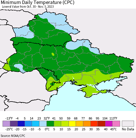 Ukraine, Moldova and Belarus Minimum Daily Temperature (CPC) Thematic Map For 10/30/2023 - 11/5/2023