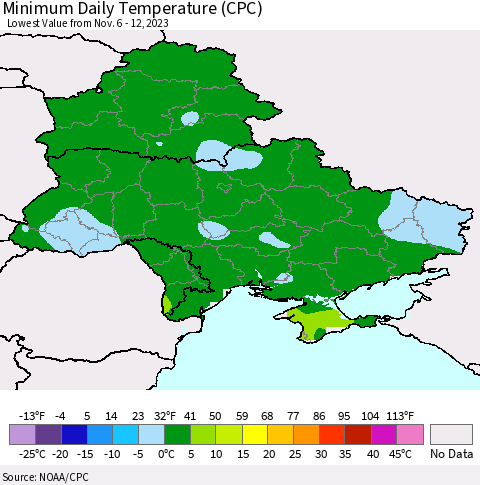 Ukraine, Moldova and Belarus Minimum Daily Temperature (CPC) Thematic Map For 11/6/2023 - 11/12/2023
