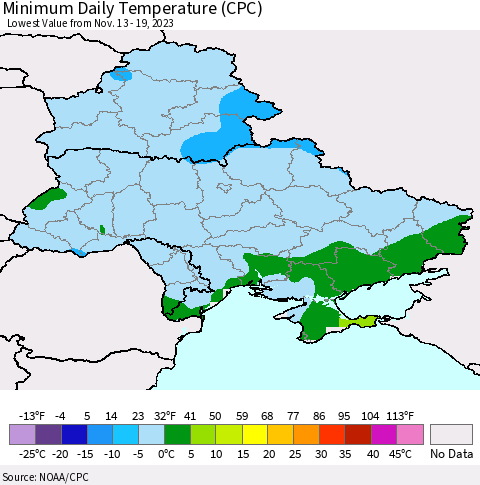 Ukraine, Moldova and Belarus Minimum Daily Temperature (CPC) Thematic Map For 11/13/2023 - 11/19/2023