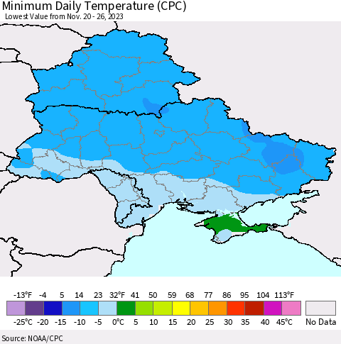 Ukraine, Moldova and Belarus Minimum Daily Temperature (CPC) Thematic Map For 11/20/2023 - 11/26/2023