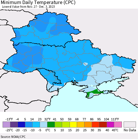 Ukraine, Moldova and Belarus Minimum Daily Temperature (CPC) Thematic Map For 11/27/2023 - 12/3/2023