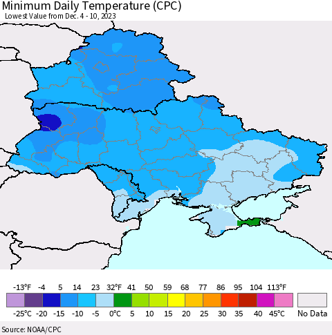 Ukraine, Moldova and Belarus Minimum Daily Temperature (CPC) Thematic Map For 12/4/2023 - 12/10/2023