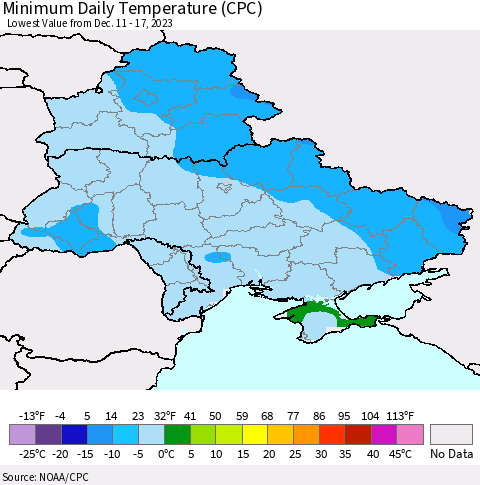 Ukraine, Moldova and Belarus Minimum Daily Temperature (CPC) Thematic Map For 12/11/2023 - 12/17/2023