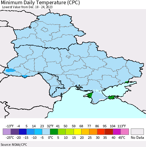 Ukraine, Moldova and Belarus Minimum Daily Temperature (CPC) Thematic Map For 12/18/2023 - 12/24/2023