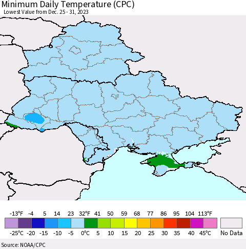 Ukraine, Moldova and Belarus Minimum Daily Temperature (CPC) Thematic Map For 12/25/2023 - 12/31/2023