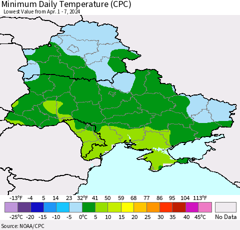 Ukraine, Moldova and Belarus Minimum Daily Temperature (CPC) Thematic Map For 4/1/2024 - 4/7/2024