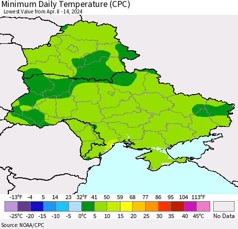 Ukraine, Moldova and Belarus Minimum Daily Temperature (CPC) Thematic Map For 4/8/2024 - 4/14/2024