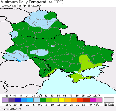 Ukraine, Moldova and Belarus Minimum Daily Temperature (CPC) Thematic Map For 4/15/2024 - 4/21/2024
