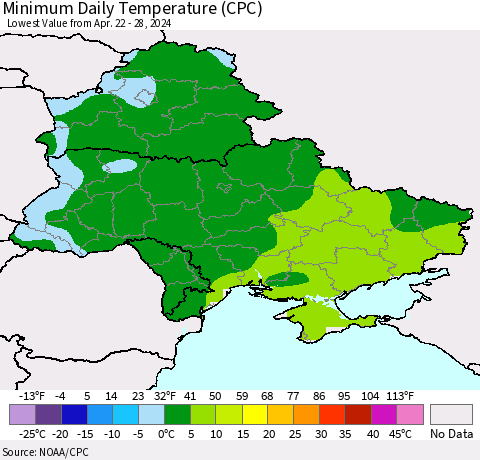 Ukraine, Moldova and Belarus Minimum Daily Temperature (CPC) Thematic Map For 4/22/2024 - 4/28/2024