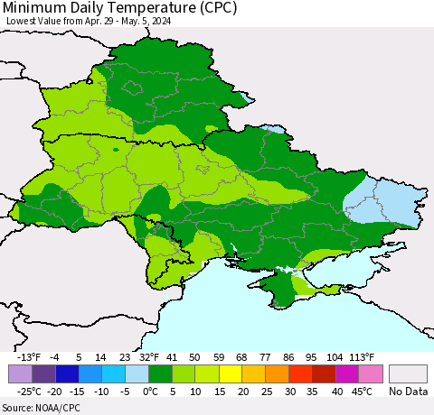 Ukraine, Moldova and Belarus Minimum Daily Temperature (CPC) Thematic Map For 4/29/2024 - 5/5/2024