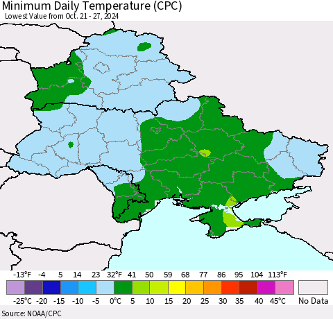 Ukraine, Moldova and Belarus Minimum Daily Temperature (CPC) Thematic Map For 10/21/2024 - 10/27/2024