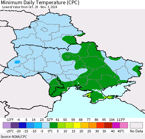 Ukraine, Moldova and Belarus Minimum Daily Temperature (CPC) Thematic Map For 10/28/2024 - 11/3/2024