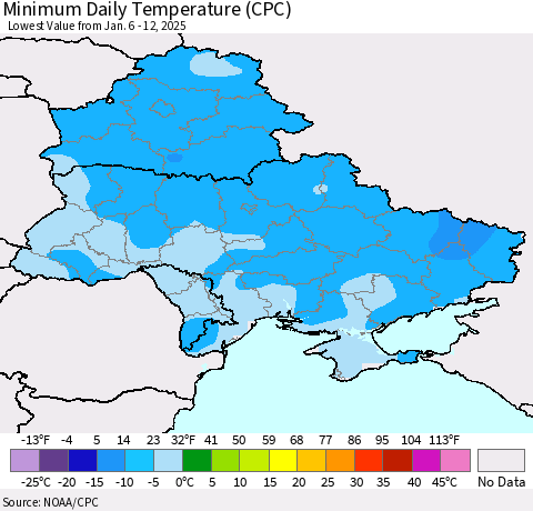 Ukraine, Moldova and Belarus Minimum Daily Temperature (CPC) Thematic Map For 1/6/2025 - 1/12/2025