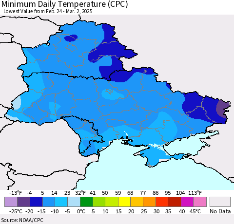 Ukraine, Moldova and Belarus Minimum Daily Temperature (CPC) Thematic Map For 2/24/2025 - 3/2/2025