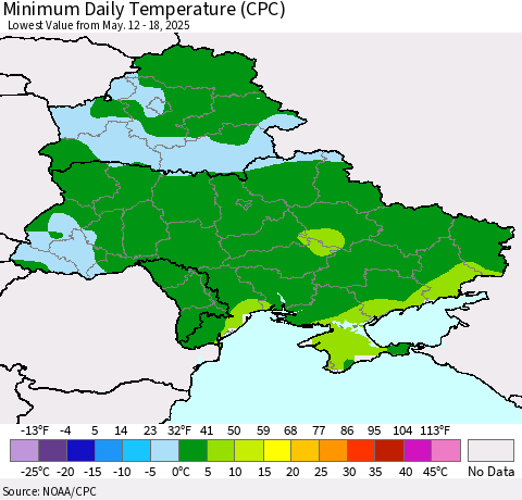 Ukraine, Moldova and Belarus Minimum Daily Temperature (CPC) Thematic Map For 5/12/2025 - 5/18/2025