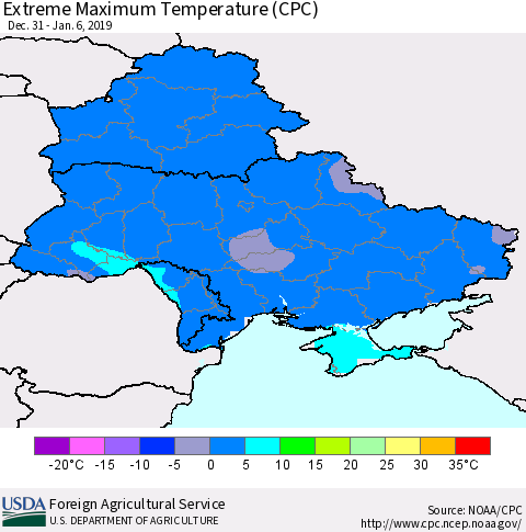 Ukraine, Moldova and Belarus Extreme Maximum Temperature (CPC) Thematic Map For 12/31/2018 - 1/6/2019