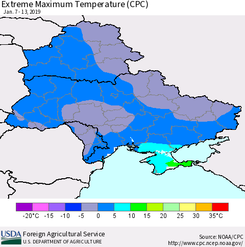 Ukraine, Moldova and Belarus Extreme Maximum Temperature (CPC) Thematic Map For 1/7/2019 - 1/13/2019