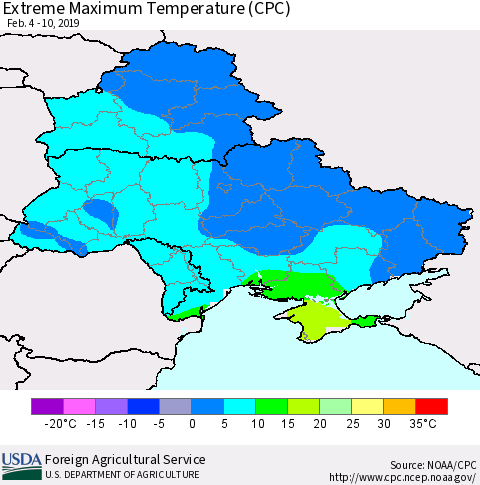 Ukraine, Moldova and Belarus Maximum Daily Temperature (CPC) Thematic Map For 2/4/2019 - 2/10/2019