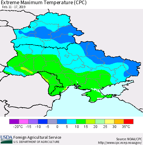 Ukraine, Moldova and Belarus Maximum Daily Temperature (CPC) Thematic Map For 2/11/2019 - 2/17/2019
