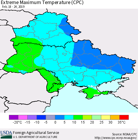 Ukraine, Moldova and Belarus Maximum Daily Temperature (CPC) Thematic Map For 2/18/2019 - 2/24/2019