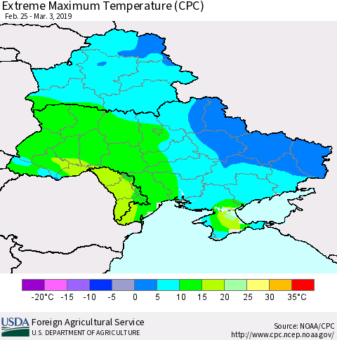 Ukraine, Moldova and Belarus Extreme Maximum Temperature (CPC) Thematic Map For 2/25/2019 - 3/3/2019