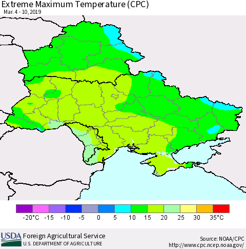 Ukraine, Moldova and Belarus Extreme Maximum Temperature (CPC) Thematic Map For 3/4/2019 - 3/10/2019