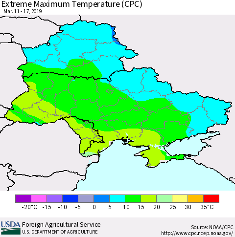 Ukraine, Moldova and Belarus Extreme Maximum Temperature (CPC) Thematic Map For 3/11/2019 - 3/17/2019