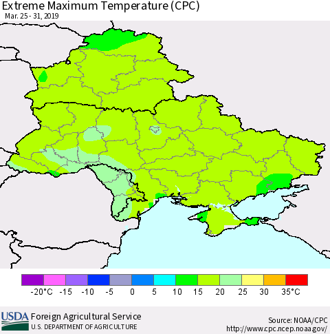 Ukraine, Moldova and Belarus Extreme Maximum Temperature (CPC) Thematic Map For 3/25/2019 - 3/31/2019