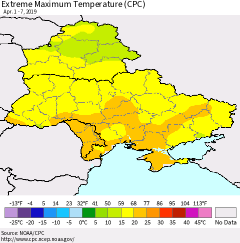Ukraine, Moldova and Belarus Maximum Daily Temperature (CPC) Thematic Map For 4/1/2019 - 4/7/2019