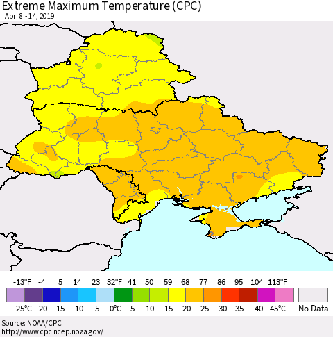 Ukraine, Moldova and Belarus Extreme Maximum Temperature (CPC) Thematic Map For 4/8/2019 - 4/14/2019