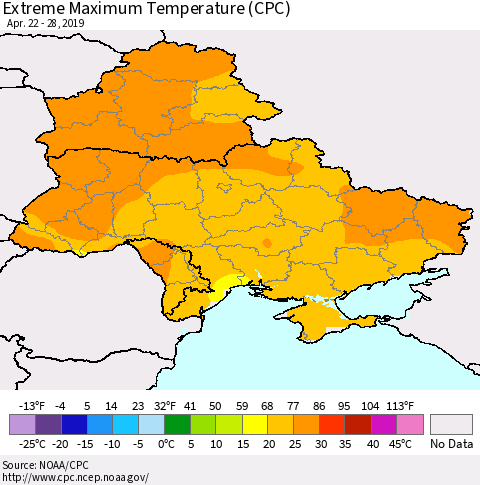 Ukraine, Moldova and Belarus Extreme Maximum Temperature (CPC) Thematic Map For 4/22/2019 - 4/28/2019