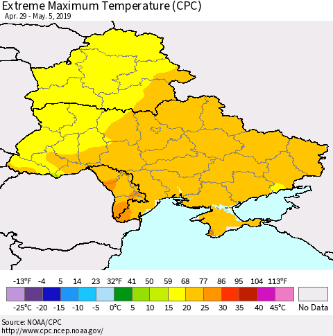 Ukraine, Moldova and Belarus Maximum Daily Temperature (CPC) Thematic Map For 4/29/2019 - 5/5/2019
