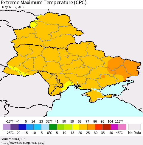 Ukraine, Moldova and Belarus Extreme Maximum Temperature (CPC) Thematic Map For 5/6/2019 - 5/12/2019