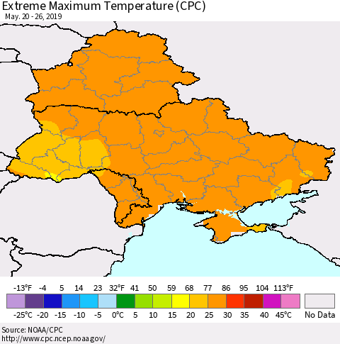 Ukraine, Moldova and Belarus Maximum Daily Temperature (CPC) Thematic Map For 5/20/2019 - 5/26/2019
