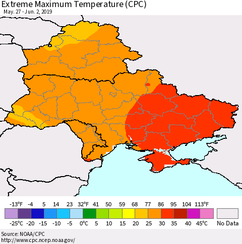Ukraine, Moldova and Belarus Maximum Daily Temperature (CPC) Thematic Map For 5/27/2019 - 6/2/2019