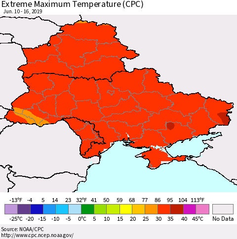 Ukraine, Moldova and Belarus Extreme Maximum Temperature (CPC) Thematic Map For 6/10/2019 - 6/16/2019