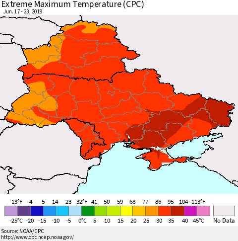 Ukraine, Moldova and Belarus Extreme Maximum Temperature (CPC) Thematic Map For 6/17/2019 - 6/23/2019